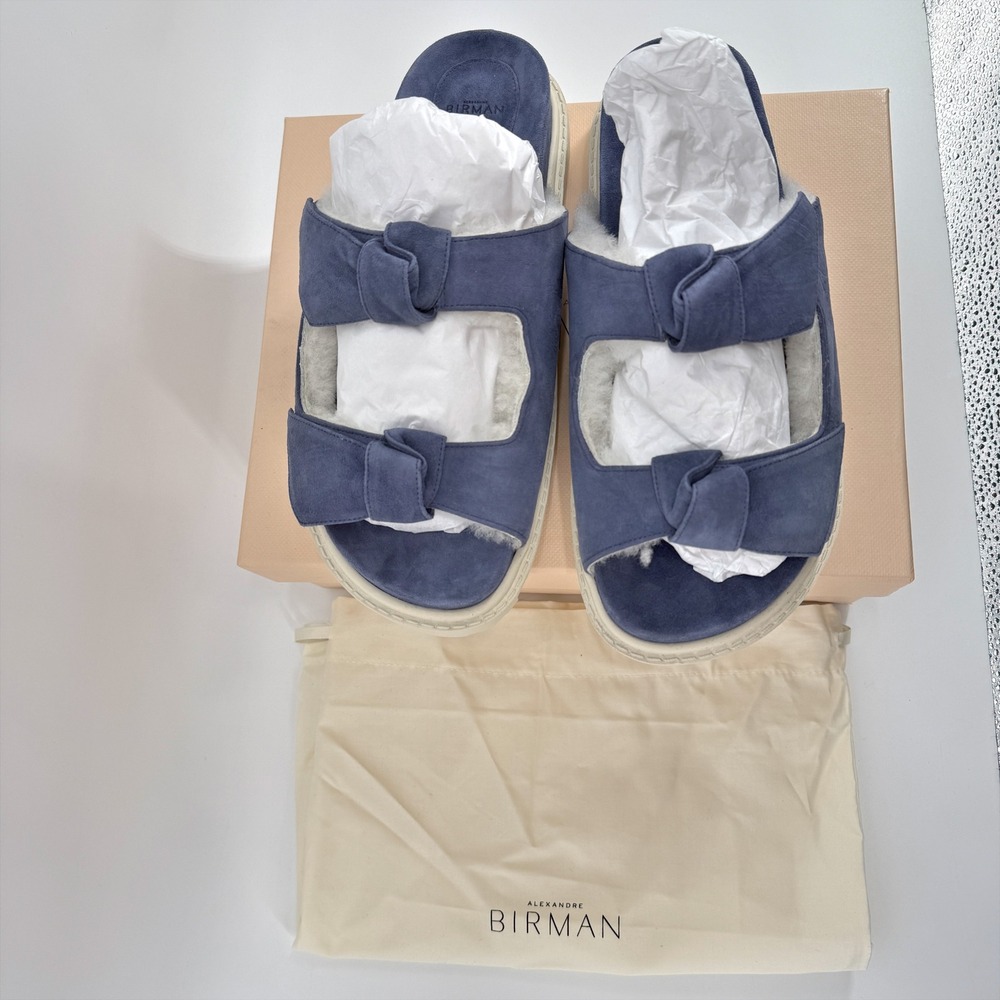 Alexandre Birman Lolita Shearling Lined Slide Sandals Blue Suede Designer NEW - Picture 3 of 16